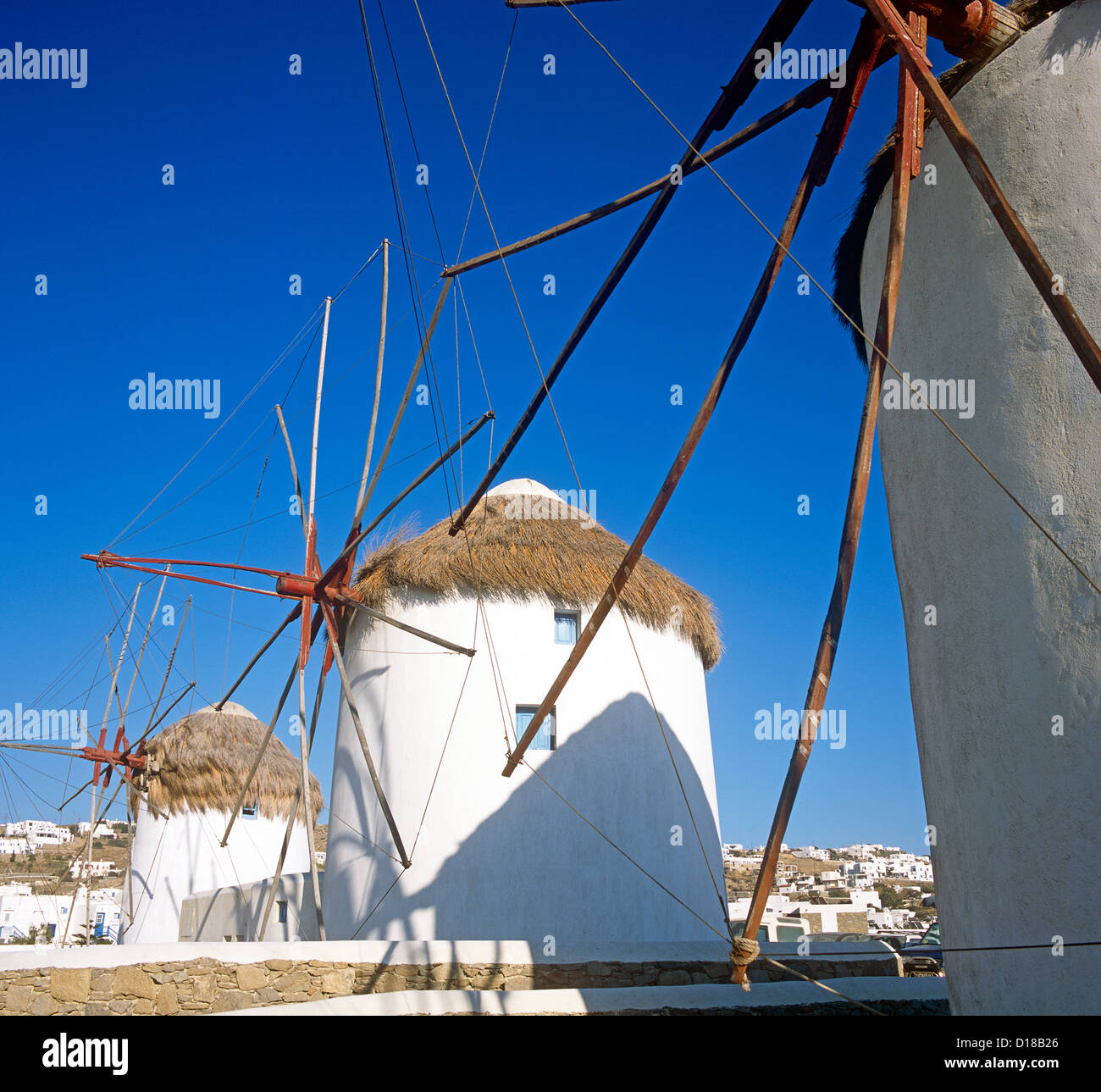 Windmühlen Mykonos griechische Inseln Griechenland Stockfoto