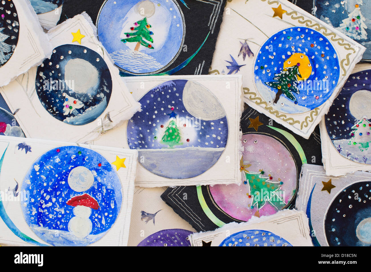 Handgemachte Aquarell gemalt Kinder Weihnachtskarten Stockfoto