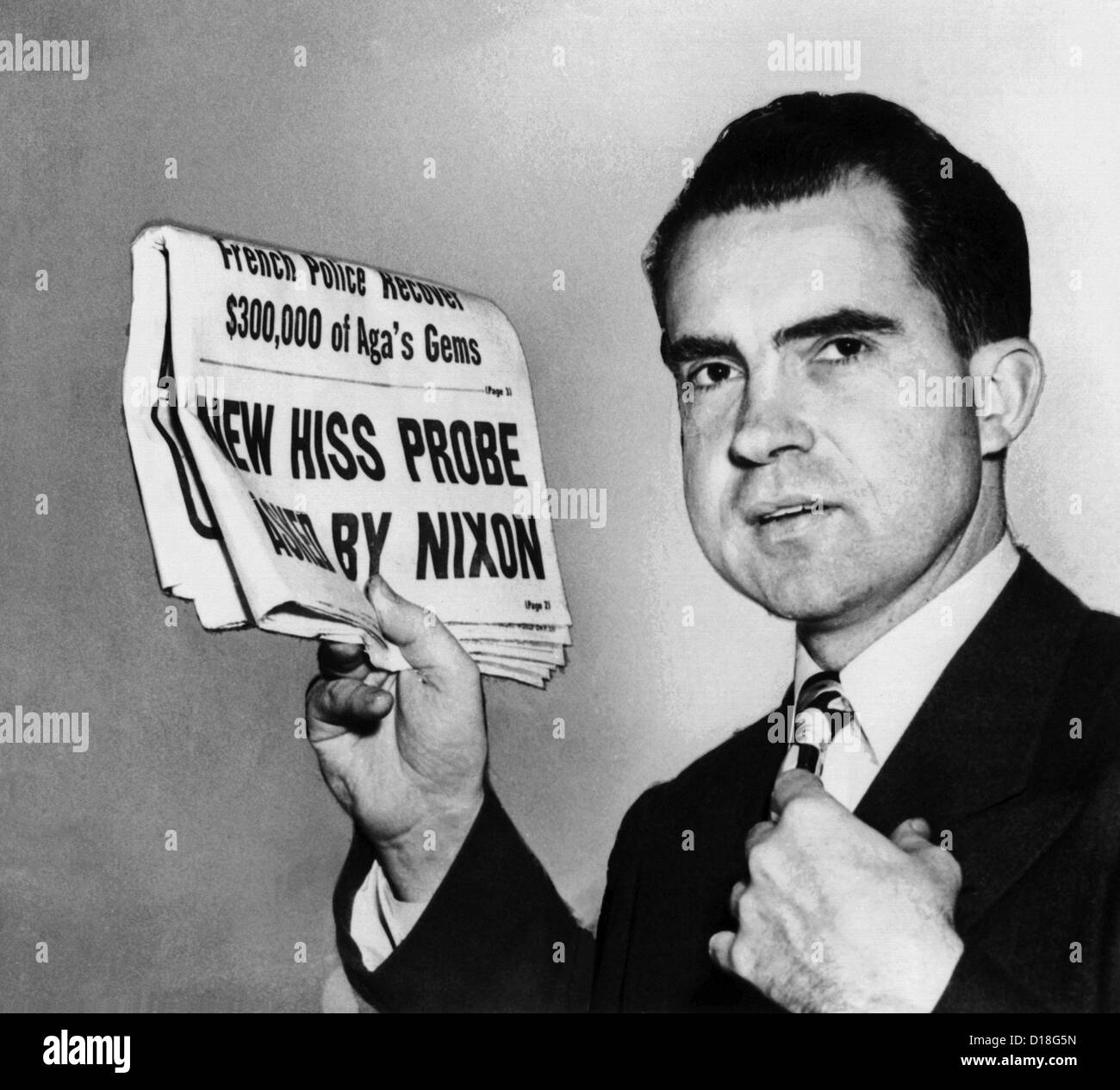 Senator Richard Nixon fordert Fortsetzung des HUAC Alger Hiss Untersuchung. 27. Januar 1950 Schlagzeile lautet: neue Hiss Probe gefragt Stockfoto