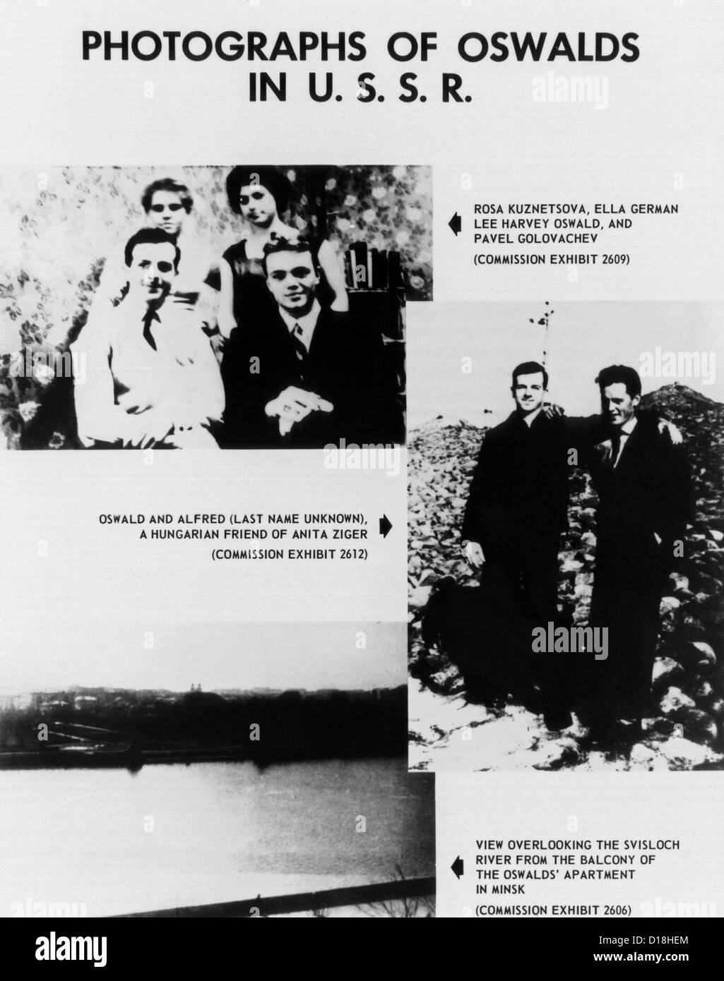 Warren-Kommission-Ausstellung. Fotos von Lee Harvey Oswald in den zweieinhalb Jahren seine "Abfall" getroffen, um die Stockfoto