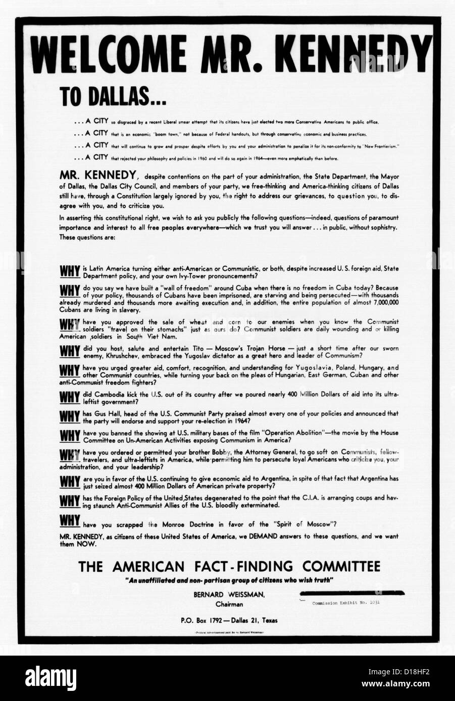 Warren-Kommission-Ausstellung. Rechtsextreme Anti-kommunistischen Breitseite während Präsident John Kennedy politische Reise nach Texas veröffentlicht Stockfoto
