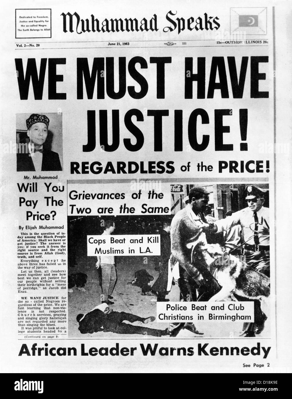 Black Muslim Zeitung, "Muhammad Speaks", betont Missbrauch der Afro-Amerikaner und Gerechtigkeit fordert. 21. Juni 1963. Stockfoto