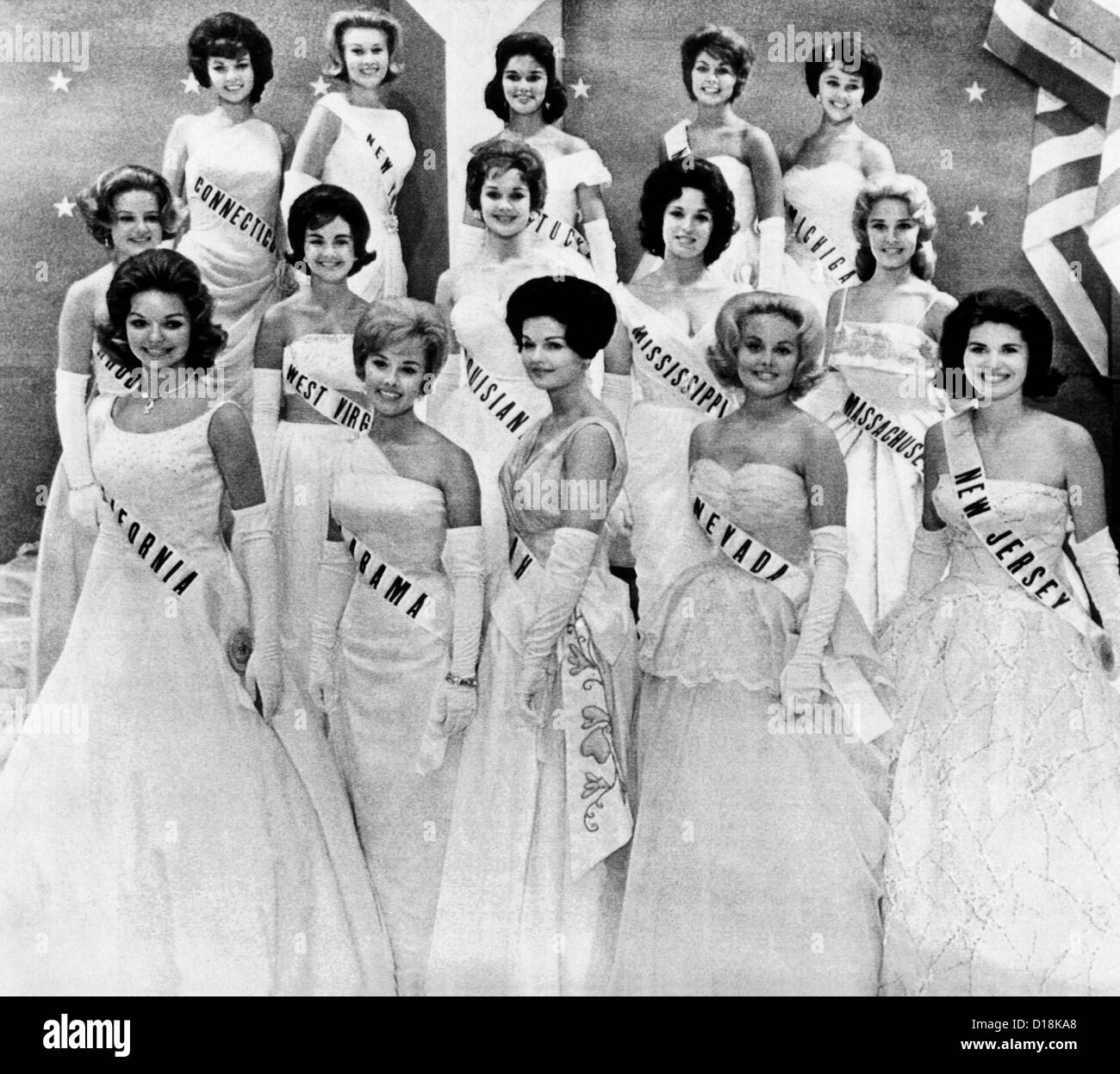 Miss USA 1961 Finalisten in der ersten Phase der Miss Universe Wahl in Miami, Florida. 12. Juli 1961. Die Mädchen sind L-r: Stockfoto
