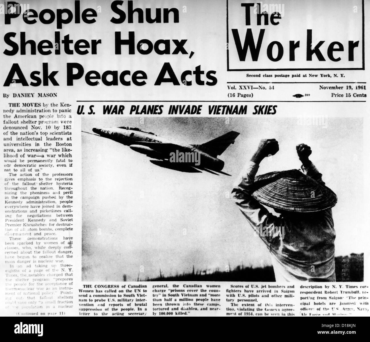 US-Flugzeuge dringen in Vietnam Himmel. Ein offensichtlich manipulierte Composite-Foto auf der Titelseite des Daily Worker, die Stockfoto