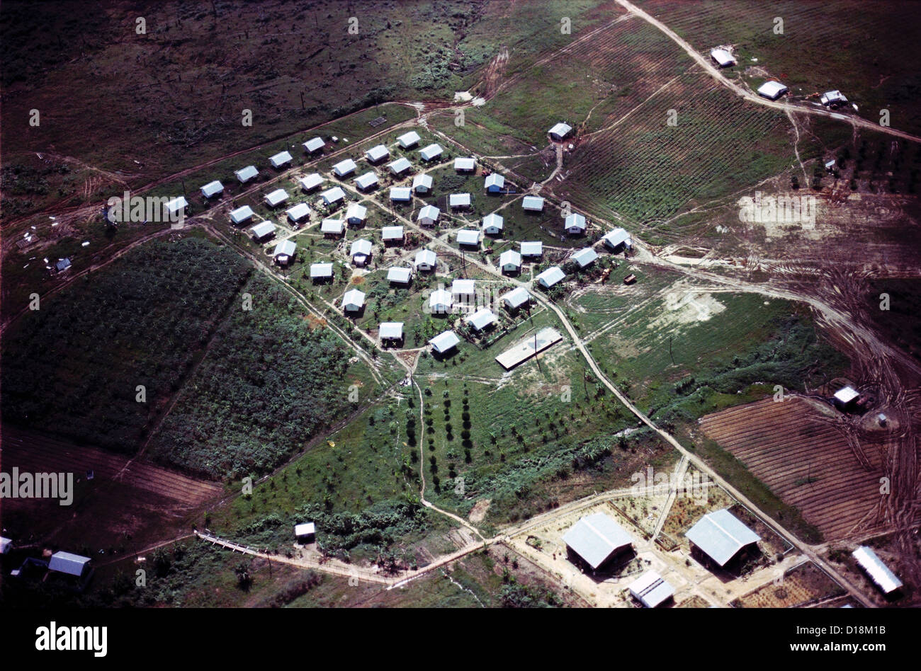 Luftaufnahme von Jonestown, Guyana. FBI-Foto während der Untersuchung der Peoples Temple Massenselbstmord. November 1978. Stockfoto