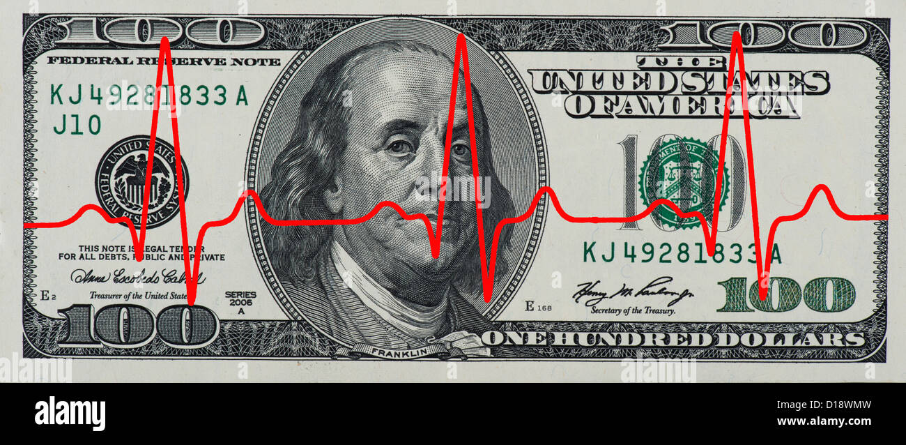Geld $100-Dollar-Rechnung Bar Währung mit EKG EKG Monitor Herzschlag Stockfoto