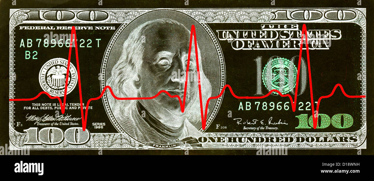 Geld $100-Dollar-Rechnung Bar Währung mit EKG EKG Monitor Herzschlag negativ Stockfoto