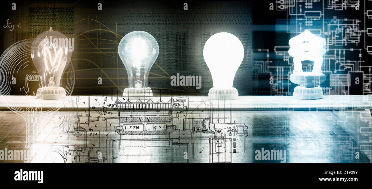 Entwicklung der Glühbirne - von Thomas Edison, Energiesparlampe Stockfoto