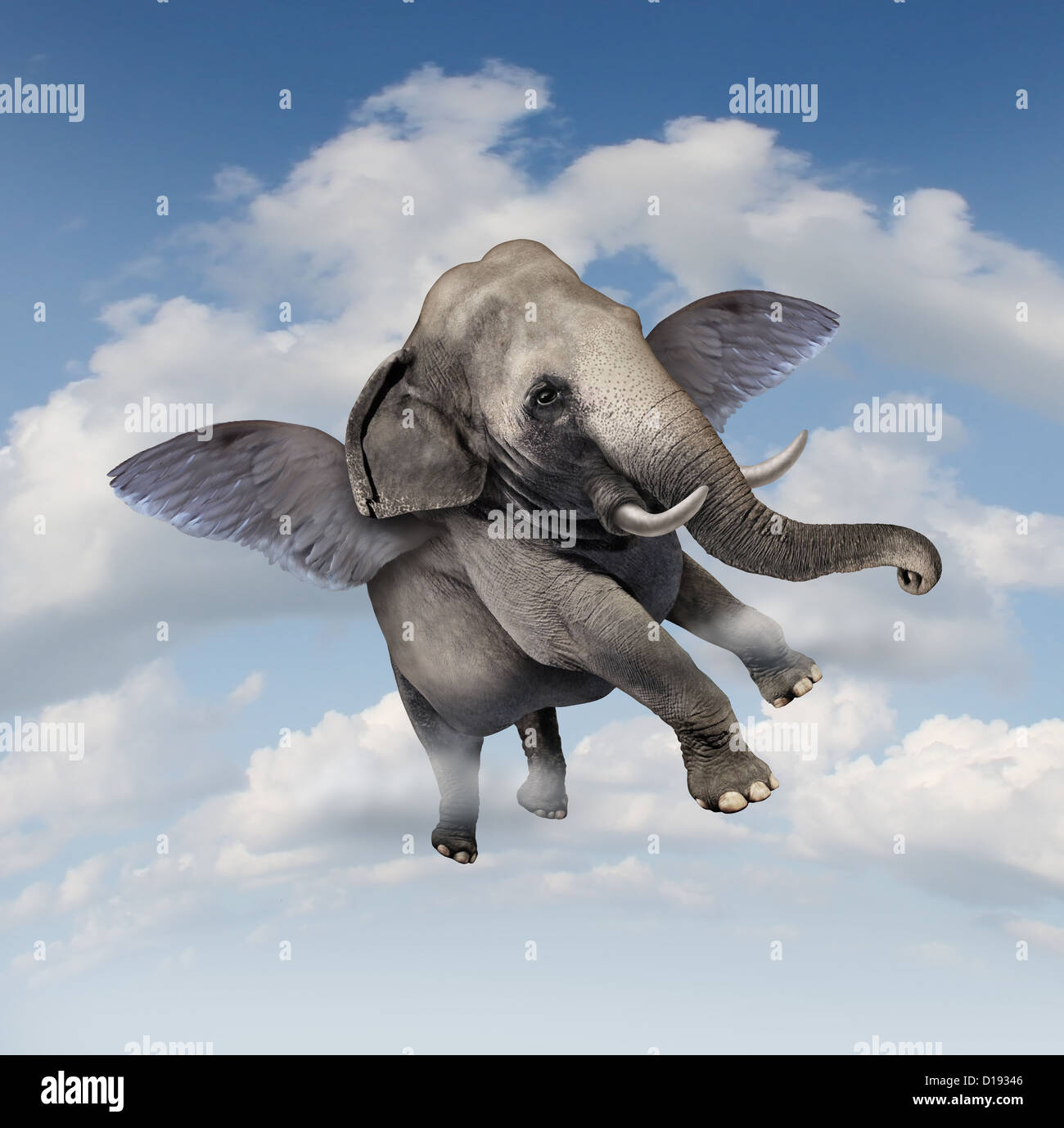 Potenzial und Möglichkeiten Konzept mit einem realistischen Elefanten fliegen in der Luft mit Flügel als Symbol für Erfolg Unternehmen Stockfoto