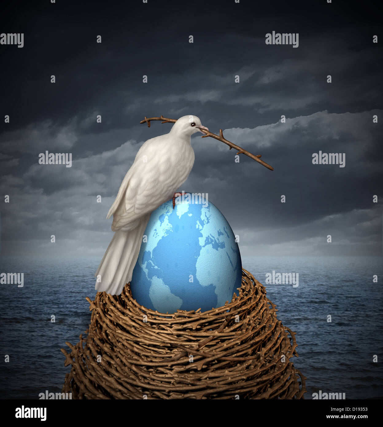 Globalen Frieden und Hoffnung für kein Krieg im Nahen Osten und dem Rest des Planeten mit einer weißen Taube, bauen ein Nest mit Zweigen und Stockfoto