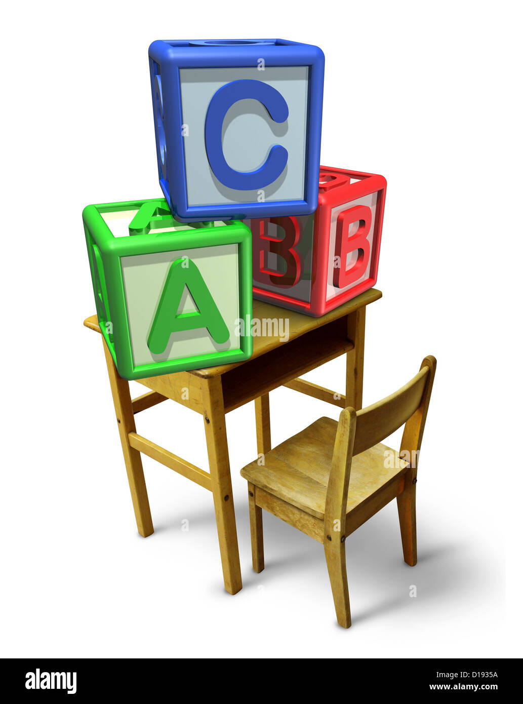 Grundschulen und frühkindliche Bildung mit der Schulbank und grundlegenden Buchstaben-Blöcke mit b und c für Kinderbetreuung Stockfoto