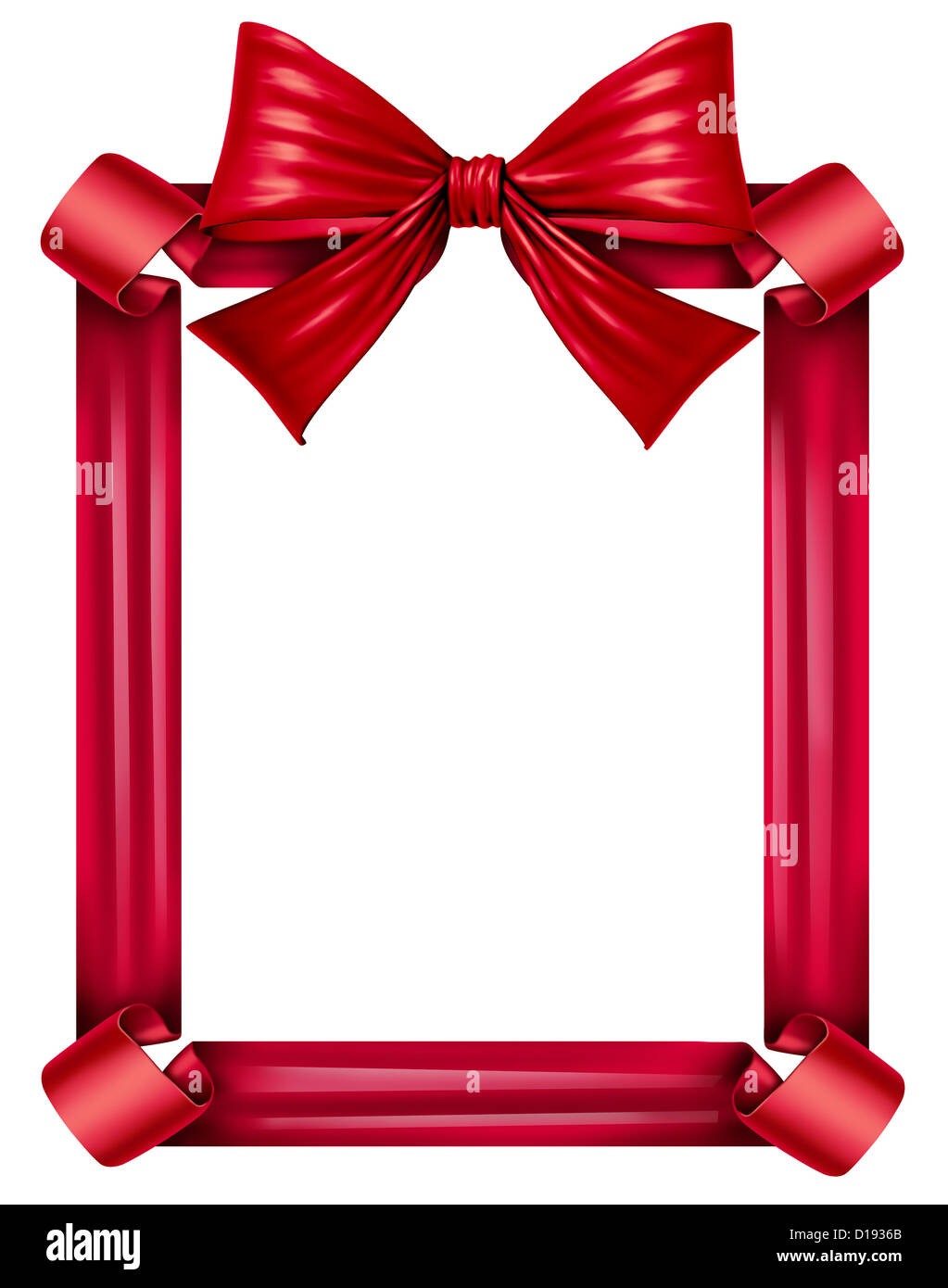 Rotes Seidenband und Bogen als Rahmen für eine saisonale Dekoration für Geschenk geben ein fest wie Weihnachten, Geburtstage und Jubiläen oder Valentinstag isoliert auf einem weißen Hintergrund. Stockfoto