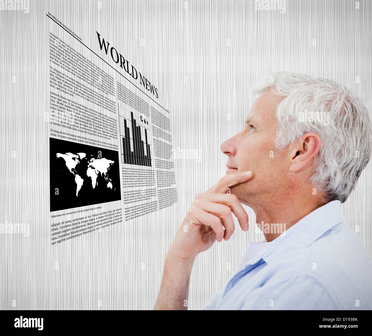 Mann liest Welt Nachrichten Hologramm Stockfoto