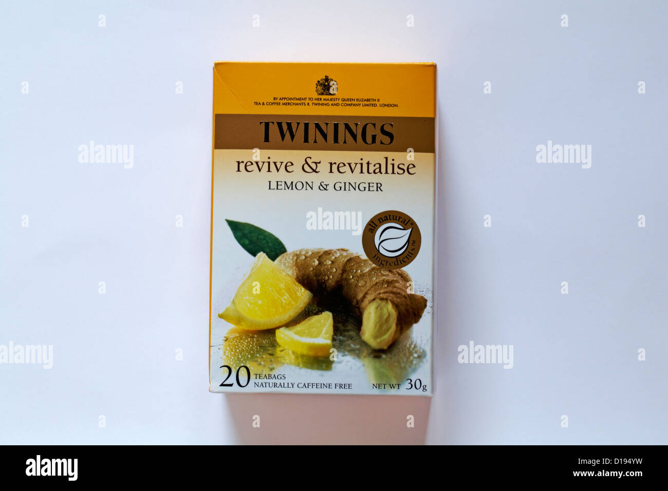 Twinings Teebeutel Teebeutel - Revive & Lemon & Ginger beleben isoliert auf weißem Hintergrund Stockfoto