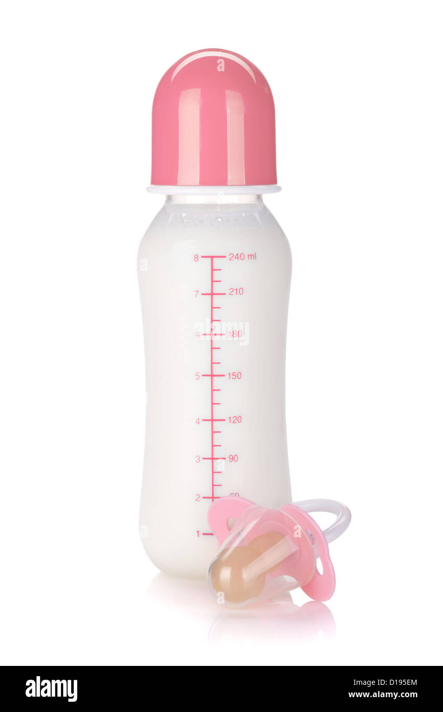 Baby-Flasche mit Milch und Schnuller für Mädchen. Isoliert auf weißem Hintergrund Stockfoto