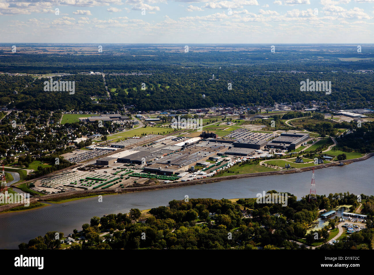 Luftaufnahme John Deere Harvester Works Fabrik, East Moline, Illinois Stockfoto