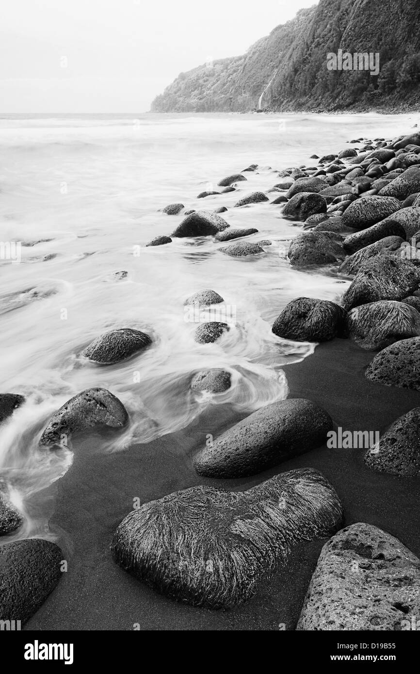 Hawaii, Big Island, Waipio Valley, schwarzen Sandstrand mit bemoosten Felsen und wirbelnden Wasser (schwarz / weiß Foto). Stockfoto