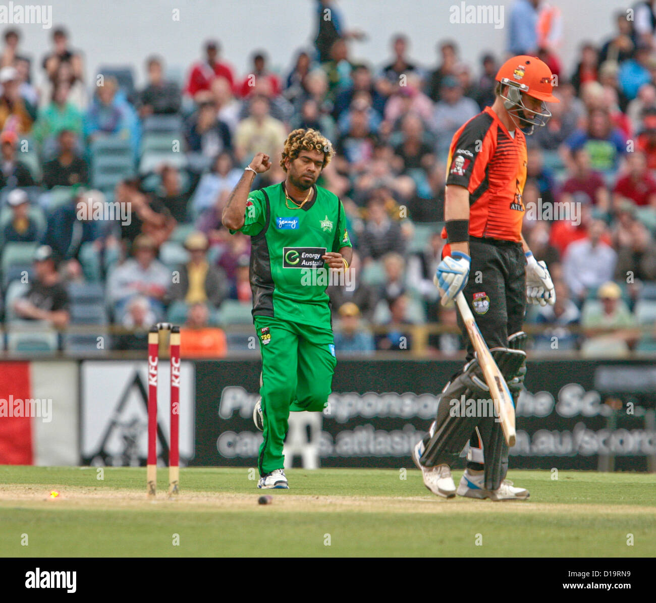 12.12.2012 Perth, Australien. Lasith Malinga feiert das Wicket Marcus North während des Big Bash League-Spiels zwischen Perth Scorchers und Melbourne Stars aus der WACA. Stockfoto