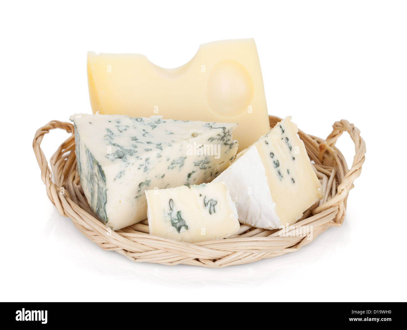 Verschiedene Arten von Käse. Isoliert auf weißem Hintergrund. Stockfoto