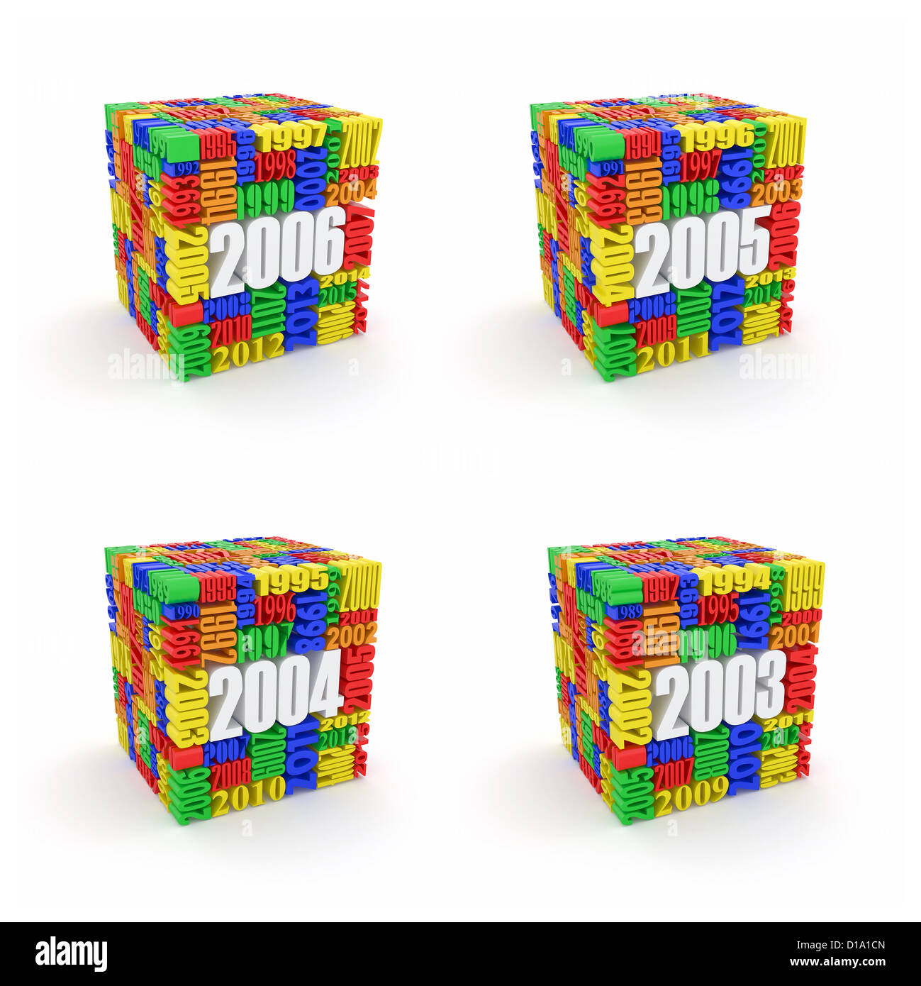 Neues Jahr 2006, 2005, 2004, 2003. Cube, bestehend aus den Zahlen. 3D Stockfoto