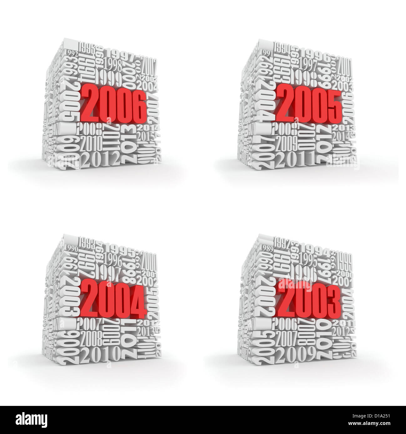Neues Jahr 2006, 2005, 2004, 2003. Cube, bestehend aus den Zahlen. 3D Stockfoto