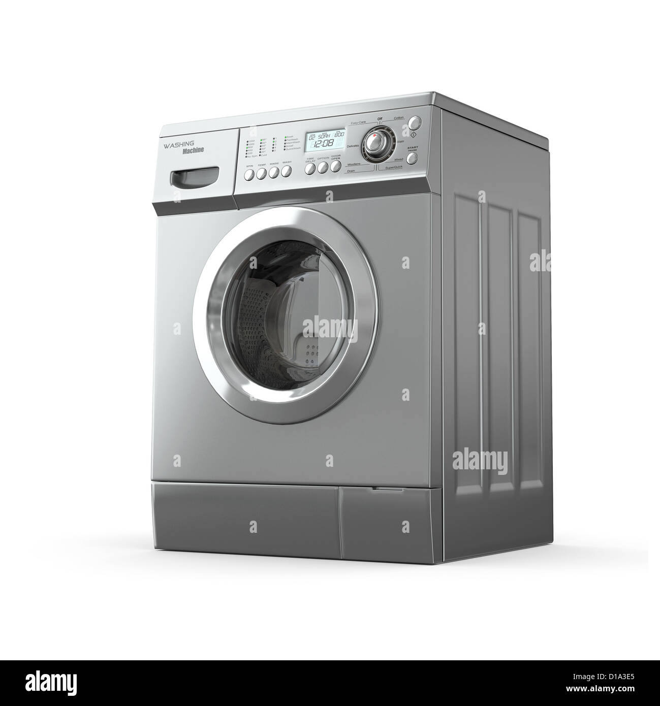 Geschlossene Waschmaschine auf weißem Hintergrund. 3D Stockfoto