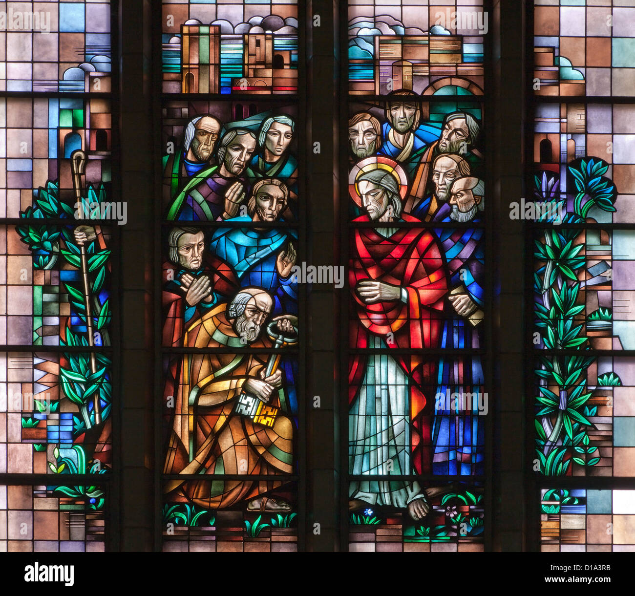 Brüssel - Juni 22:Jesus geben Peter die Schlüssel zum Königreich von Fensterscheibe des Nationalbasilika Stockfoto