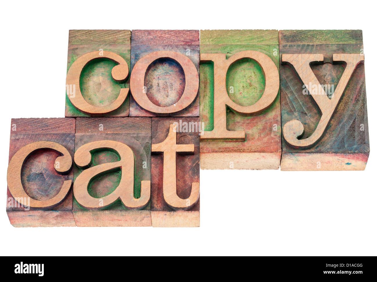 Copycat - isolierten Text in Vintage Buchdruck Holzart Blöcken durch Farbe Farben gebeizt Stockfoto