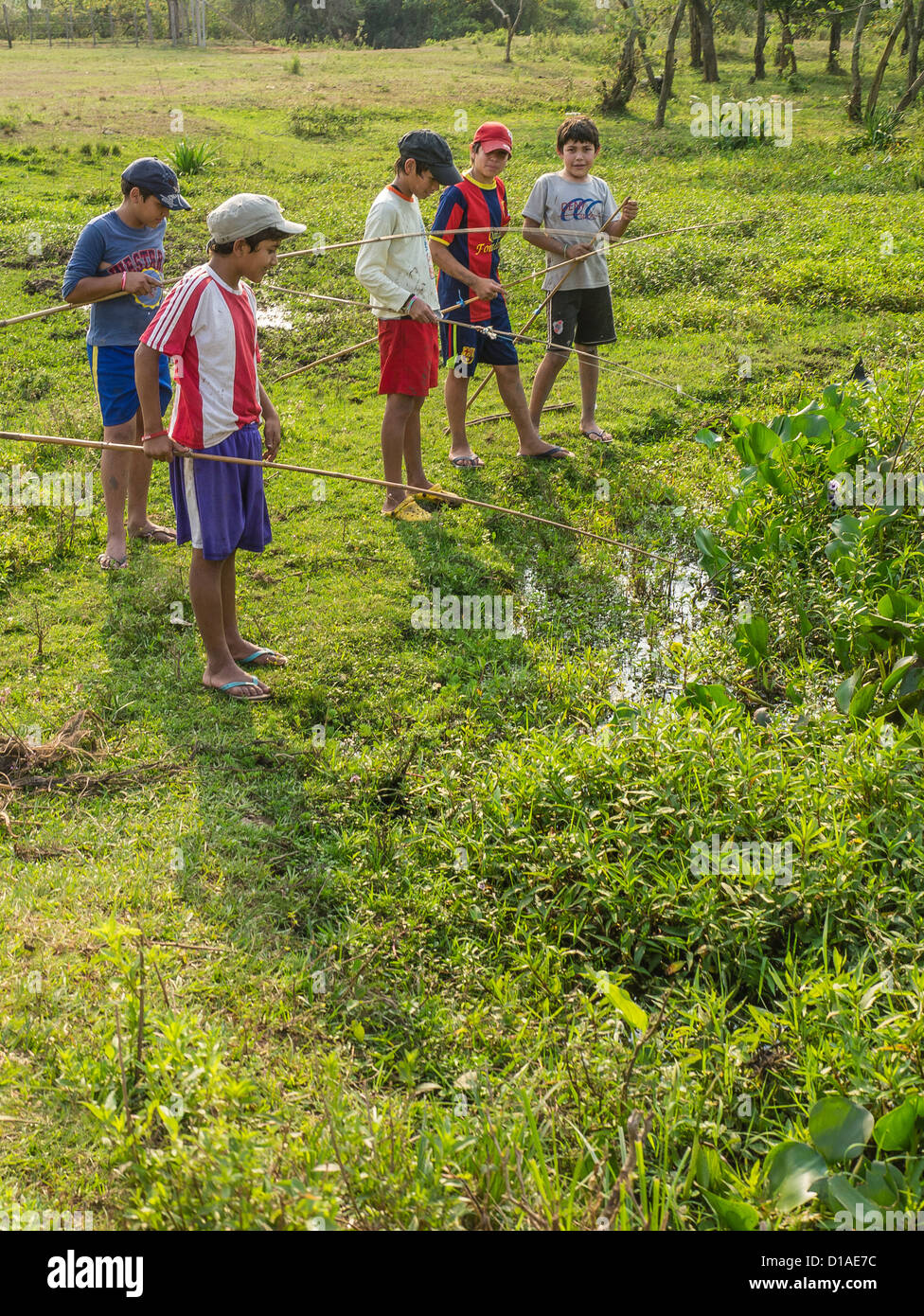 Fünf jungen paraguayischen halten ihre Angelruten, wie verbringen sie einen Sommertag versuchen zum Fang von einem Bach in der Nähe ihrer hom Stockfoto