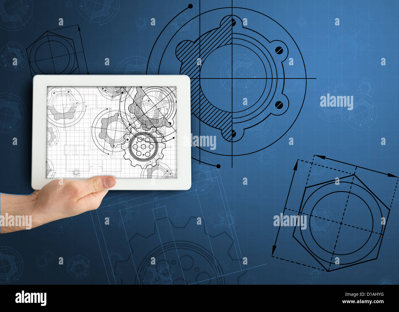 Hand, die Tablette mit dem Architekten Illustrationen Stockfoto