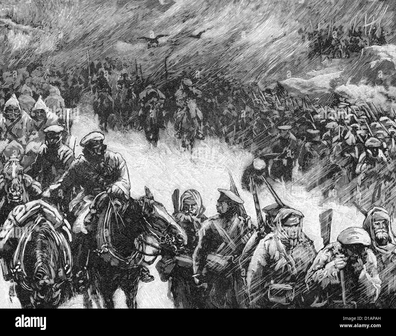 RUSSISCH-TÜRKISCHEN KRIEGES 1877-1878. Russische Soldaten, die Überquerung des Balkans im winter Stockfoto