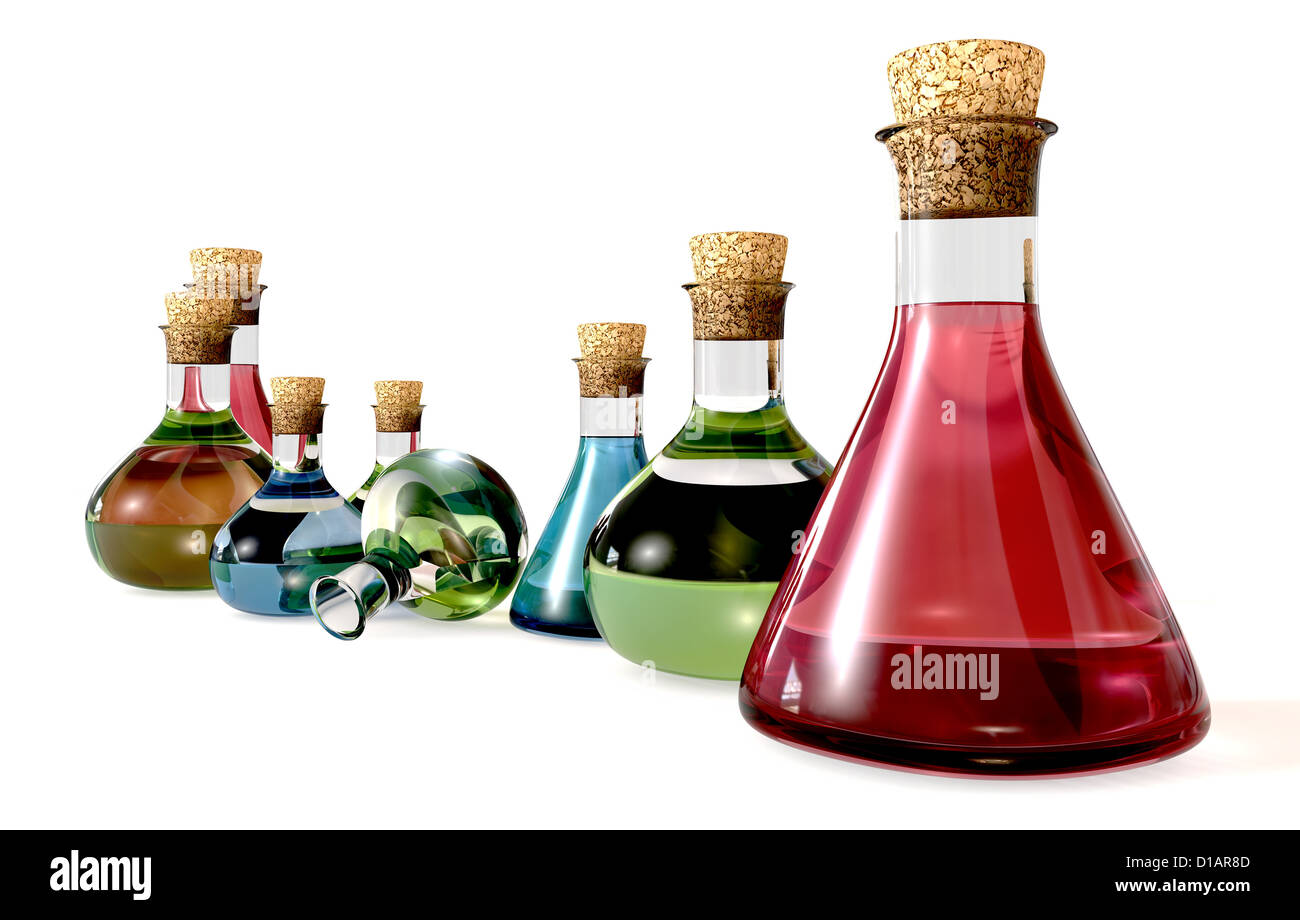Eine Sammlung von acht Glas trank Flaschen mit Flüssigkeit in ihnen in rot grün und blau auf einem isolierten Hintergrund Stockfoto