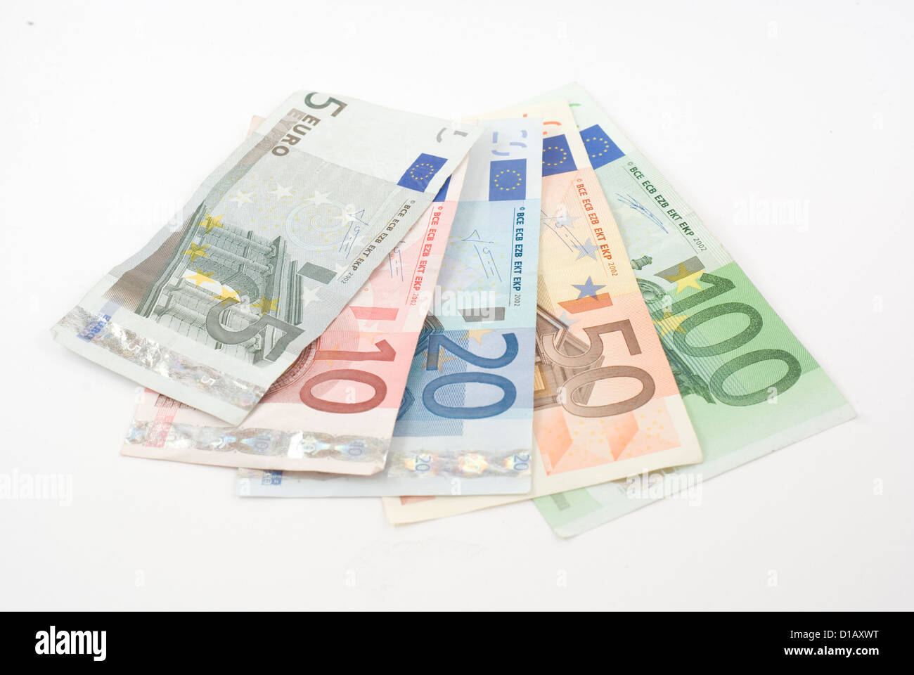 Euro-Banknoten von 5 bis 100. Isoliert auf weiss. Stockfoto