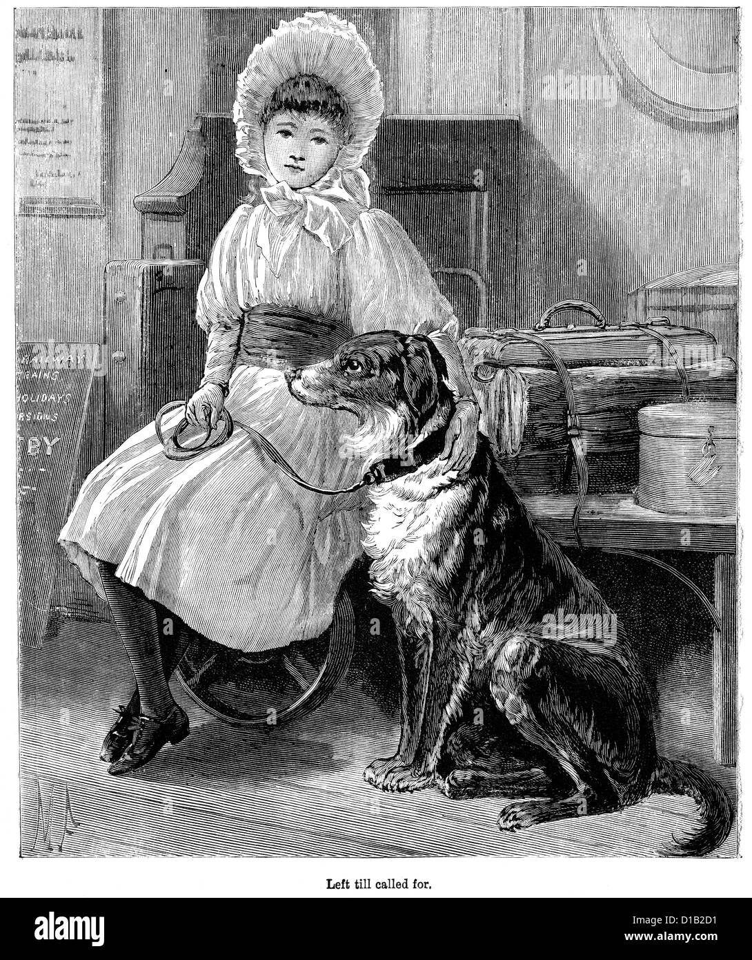 Viktorianische Gravur von einem kleinen Mädchen und ihrem Haustier Hund, 1897 Stockfoto