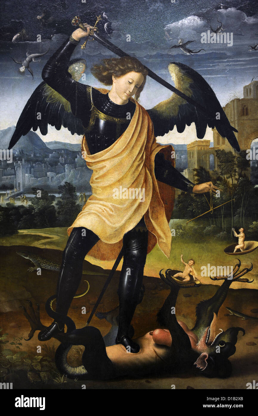Der Erzengel Michael mit dem Drachen, 1500. Unbekannter. Spanischer Autor. National Museum of Art. Kopenhagen. Dänemark. Stockfoto