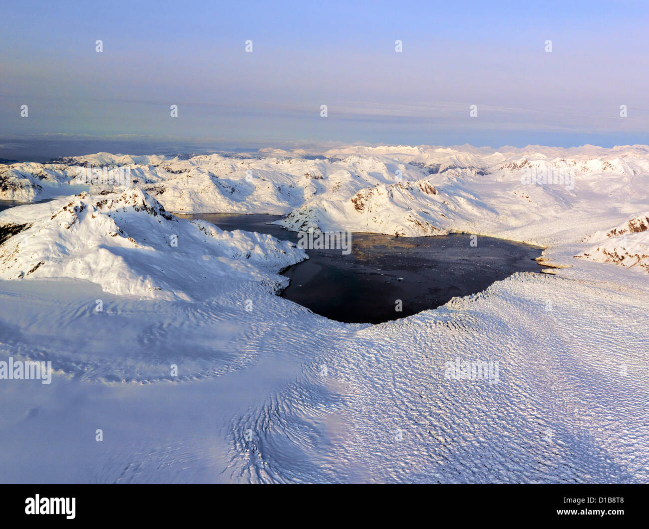 Die globale Erwärmung bewirken Columbia-Gletscher in Alaska eine Luftaufnahme Stockfoto