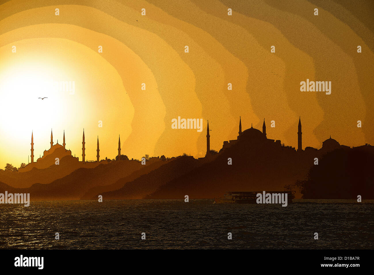Posterized Silhouette von der Blauen Moschee und der Hagia Sophia bei Sonnenuntergang über den Bosporus mit Boot Istanbul Türkei Stockfoto