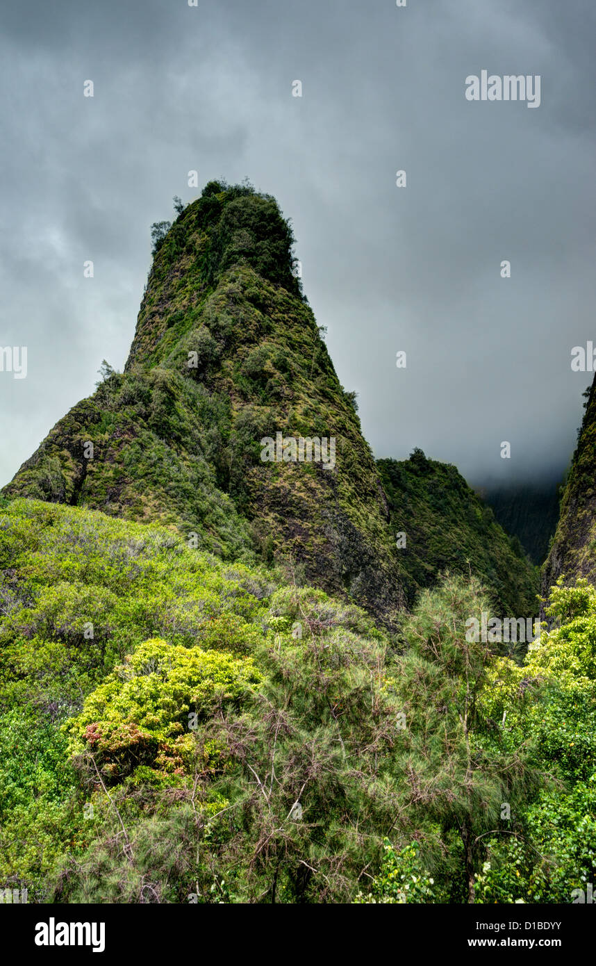 Wunderschöne hawaiianische Wahrzeichen. IAO Nadel am Iao Valley Nationalpark Maui. Stockfoto