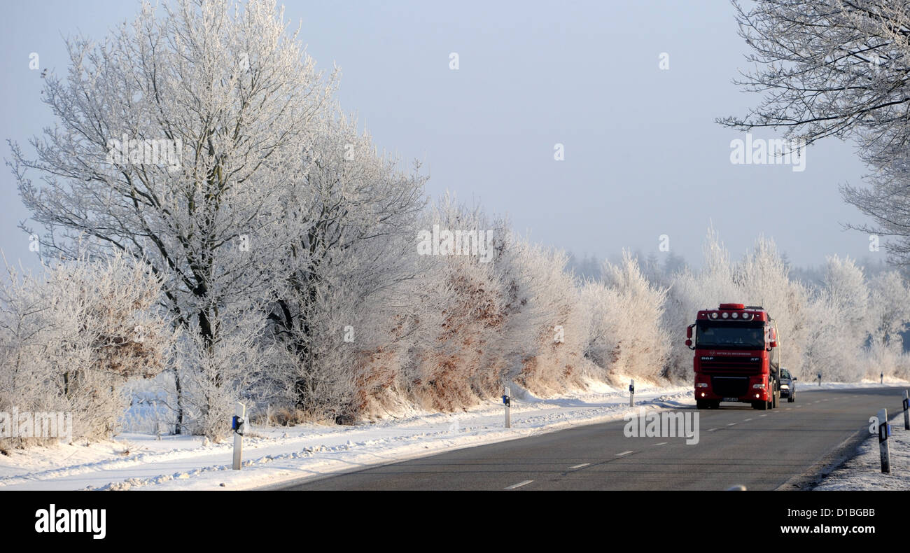 Ein Truck fährt durch die Winterlandschaft auf der B430 in der Nähe von Wasbek, Deutschland, 12. Dezember 2012. Foto: Carsten Rehder Stockfoto