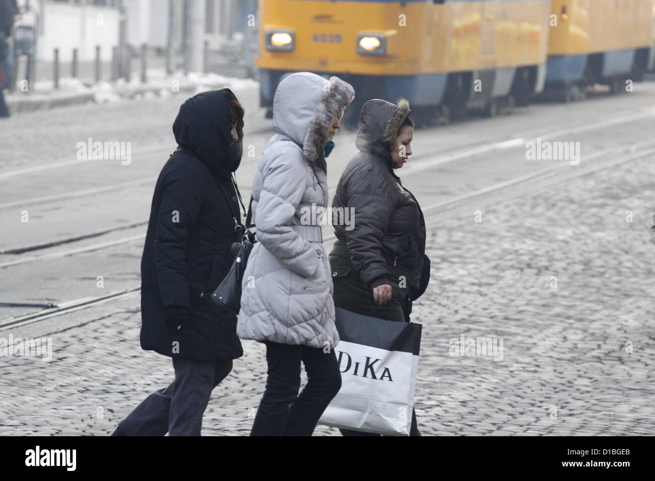 Sofia, Bulgarien; 14. Dezember 2012. Gruppe von Frauen in dicken Winterjacken mit pelzbesetzten Kapuzen überqueren einer Straße im Zentrum von Sofia an einem frostigen Morgen. Die Temperaturen in Westbulgarien sank um Tiefs während der anhaltenden Kältewelle aufzuzeichnen. Bildnachweis: Johann Brandstatter / Alamy Live News Stockfoto