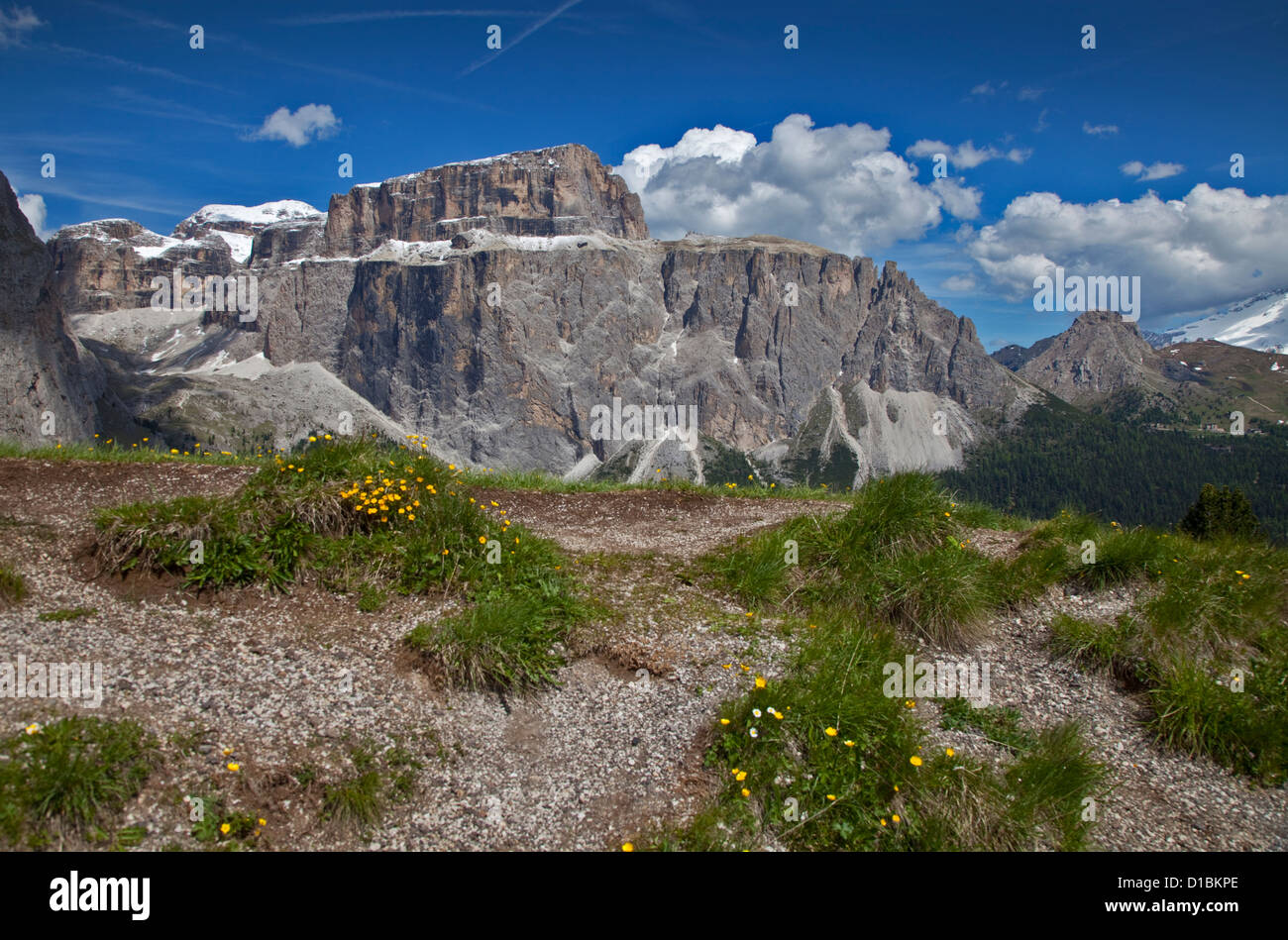 Sellastock vom Sellajoch, Dolomiten, Italien Stockfoto