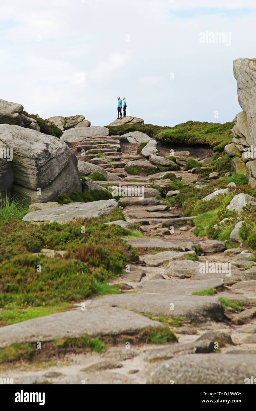 Zwei Menschen, die in der Ansicht am Dovestone Tor Derwent Rand Mühlstein Grit Böschung Dark Peak District Derbyshire England UK Stockfoto