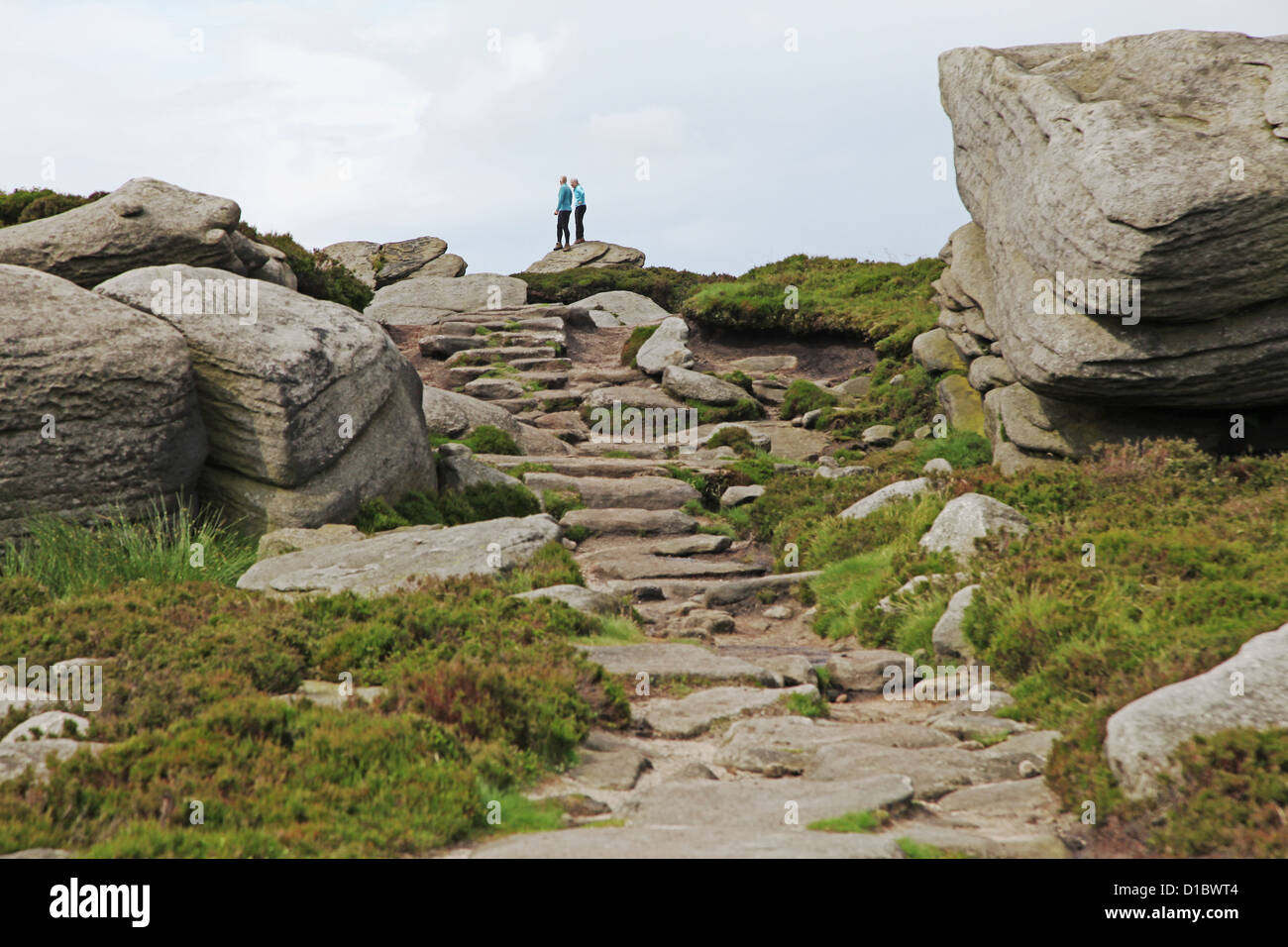 Zwei Menschen, die in der Ansicht am Dovestone Tor Derwent Rand Mühlstein Grit Böschung Dark Peak District Derbyshire England UK Stockfoto