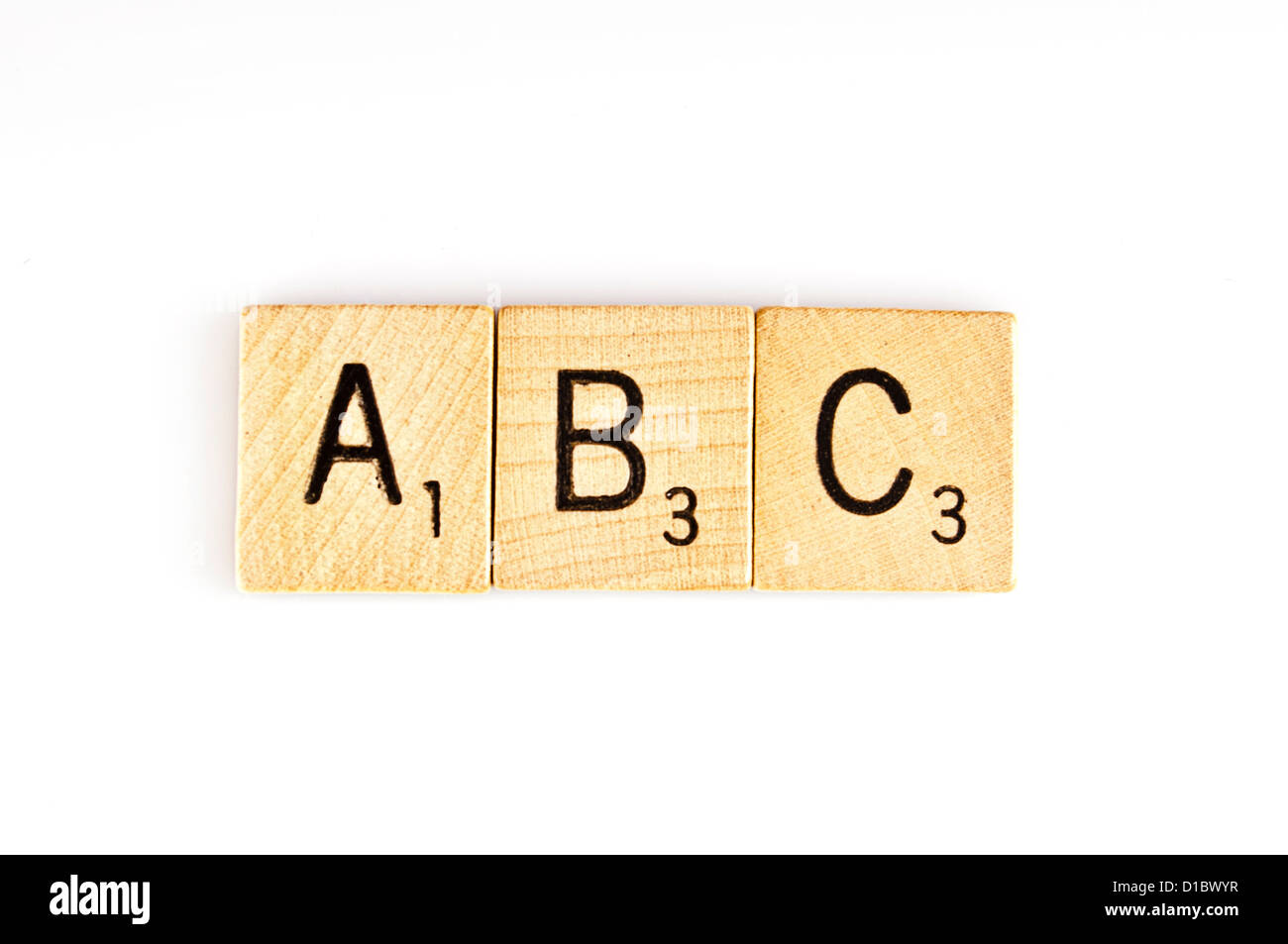 ABC mit Scrabble Fliesen geschrieben Stockfoto