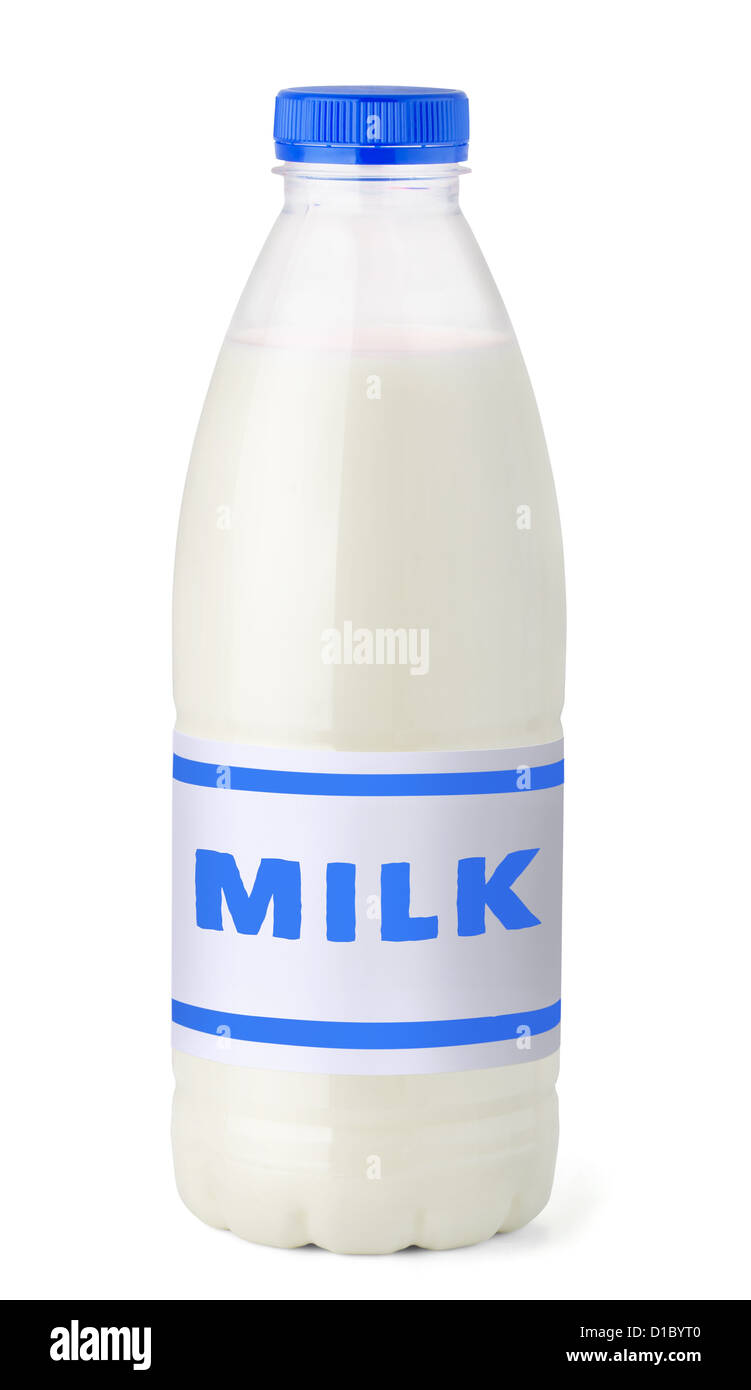Kunststoff-Flasche Milch mit Label isoliert auf weiss Stockfoto