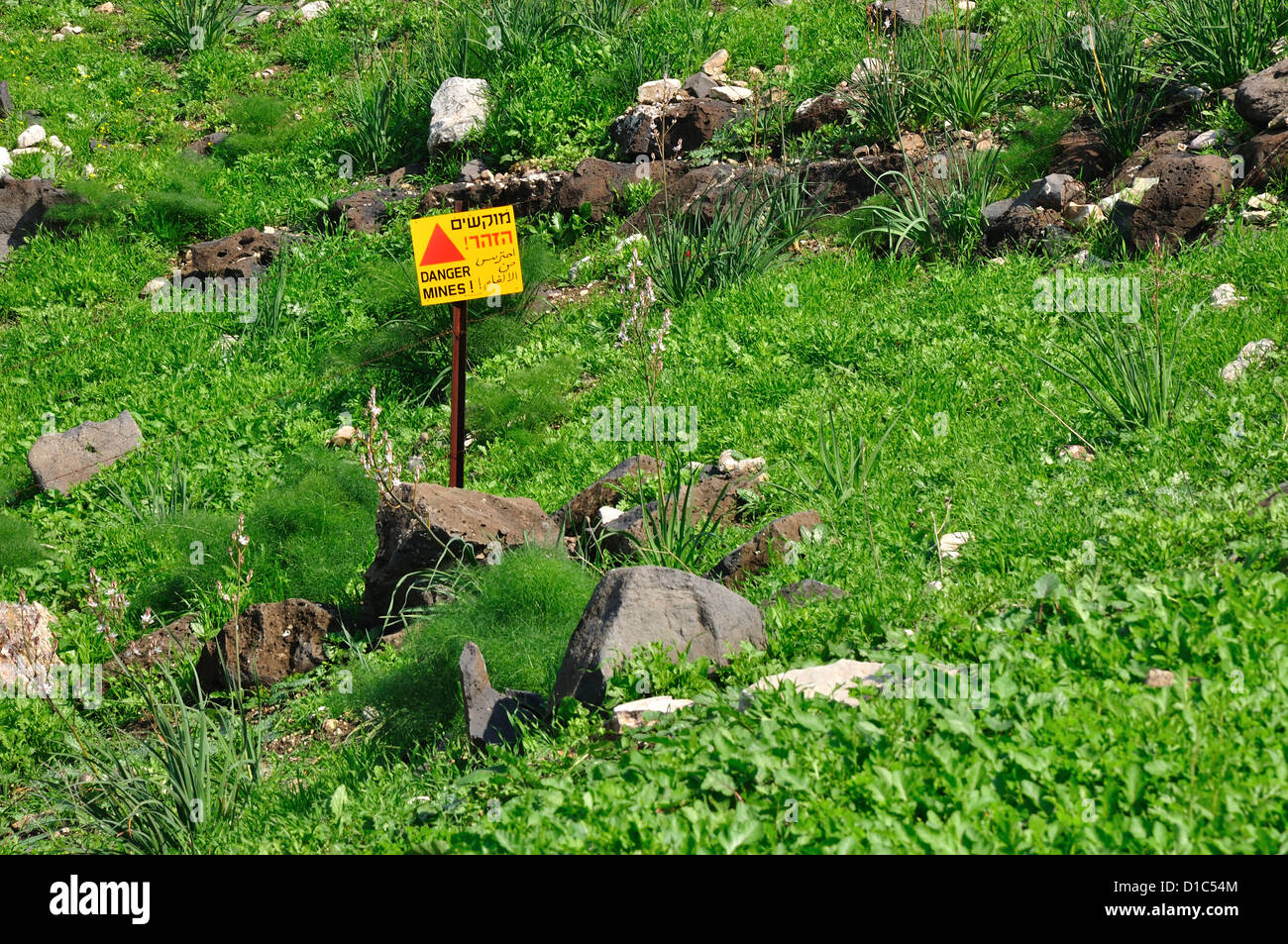 Militärisches Schild auf den Golanhöhen in Nord-Israel, Warnung vor den Minen. Stockfoto