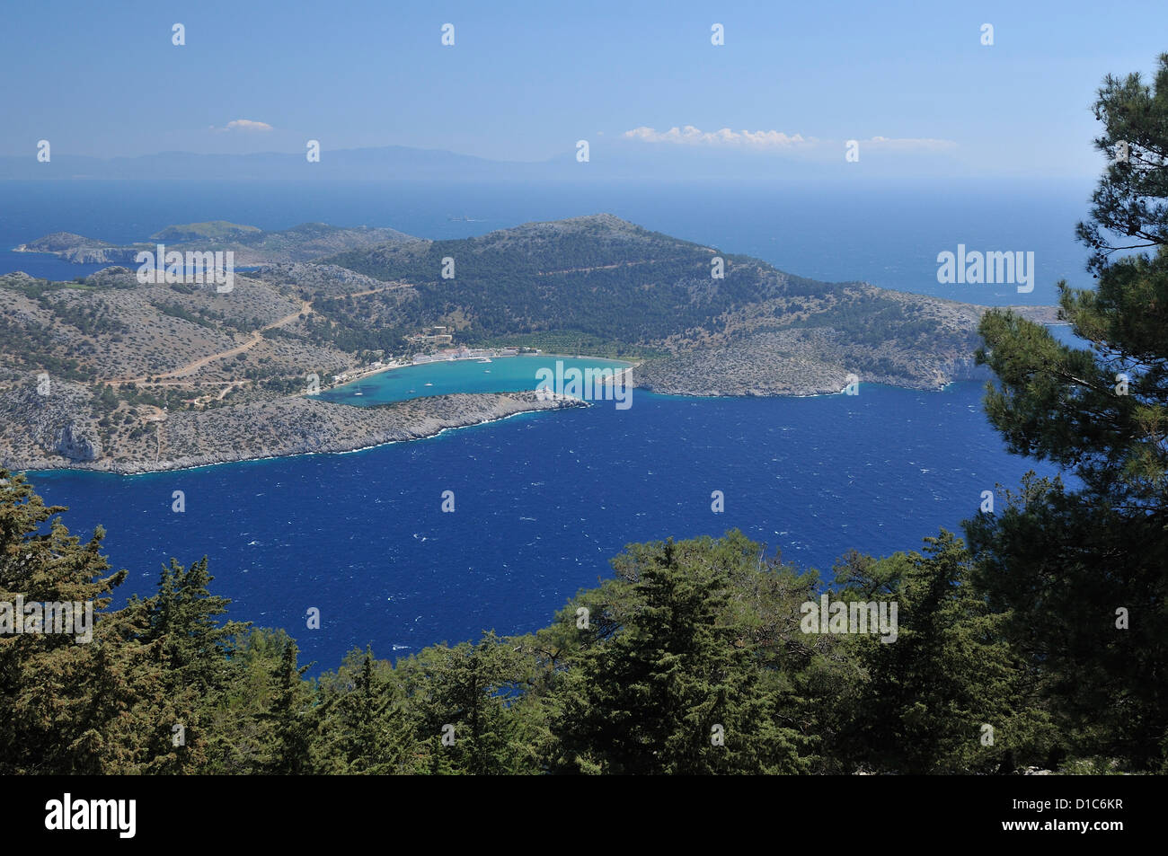 Symi. Dodekanes-Inseln. Griechenland. Kloster von Michael Panormitis / Moni Taxarhou Mihail. Stockfoto