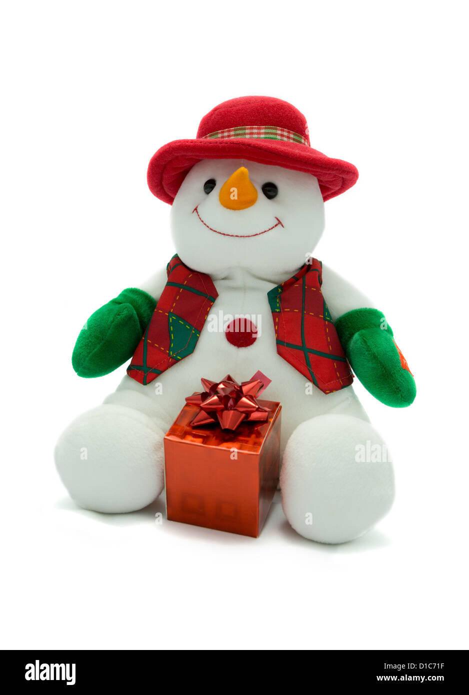 Weihnachten-Schneemann mit Geschenk Stockfoto