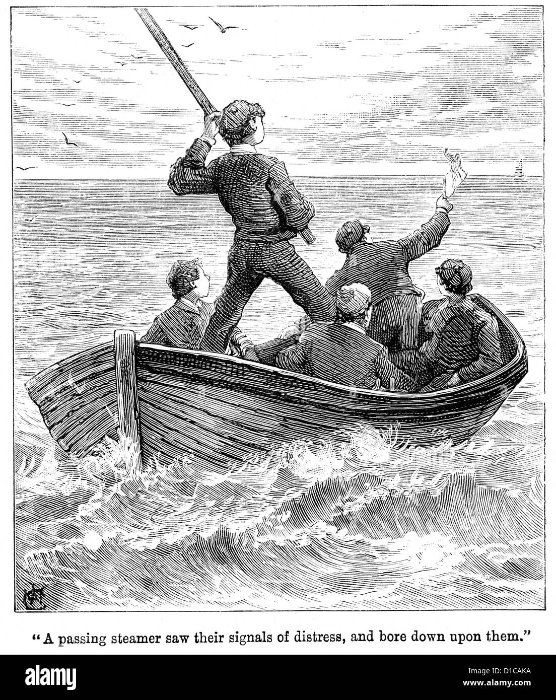 Viktorianische Gravur einer Gruppe von jungen verloren in einem kleinen Boot auf dem Meer, 1897 Stockfoto