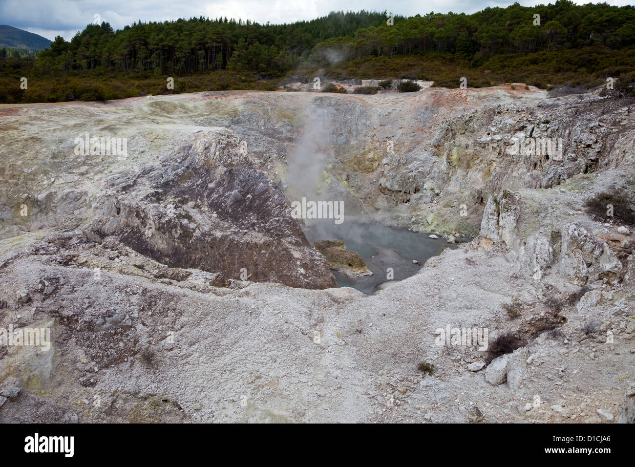 Schwefel-Höhle, Waiotapu Thermalgebiet, in der Nähe von Rotorua, Nordinsel, Neuseeland. Stockfoto